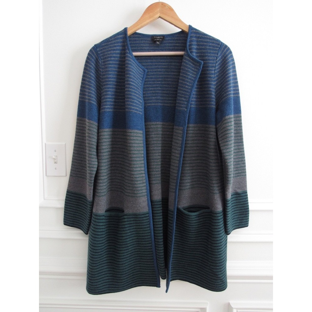 Talbots striped 100% merino wool open front long line cardigan sweater L petite
